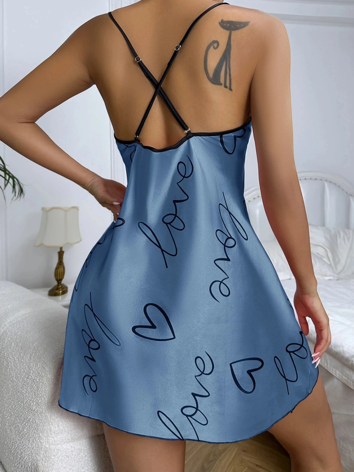 Camisón con estampado de letras y corazones, vestido informal con cuello redondo y tirantes finos para dormir, vestidos para dormir para mujer